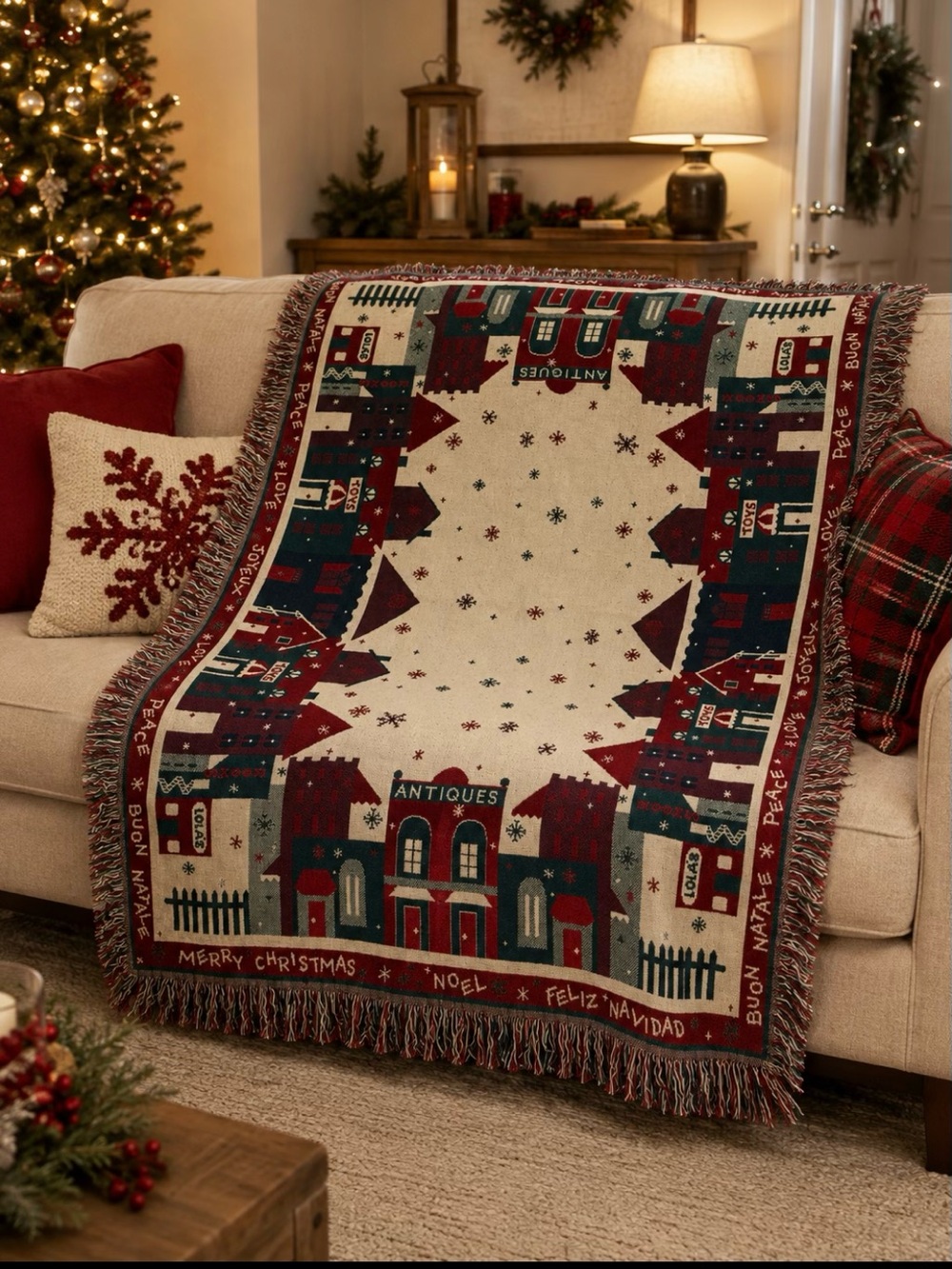 Holiday Village Fringe Throw Blanket - Red, Green & Cream 66x46
